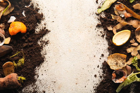 Frame made from organic waste and soil on white grunge background. Compost recycling conceptの写真素材