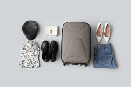 Packed suitcase with belongings on gray background. Travel conceptの写真素材
