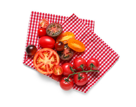 Different fresh tomatoes on white backgroundの写真素材