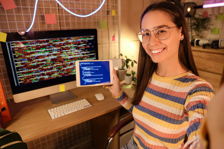 Female programmer with tablet computer taking selfie in office at night, closeup