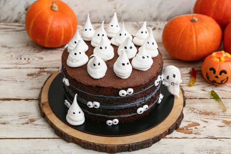Sweet Halloween cake decorated with meringue ghosts and pumpkins on white wooden tableの写真素材