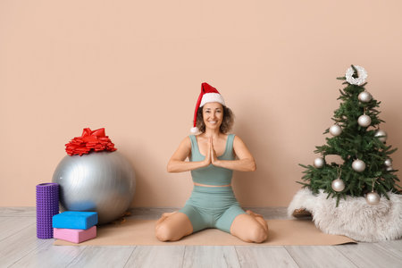 Sporty mature woman in Santa hat with Christmas tree doing yoga near beige wallの写真素材