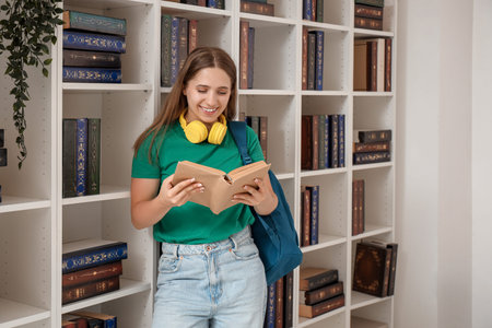 Happy female student with headphones and backpack reading book while studying near shelving unit at...