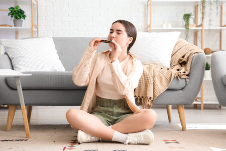 Young woman playing harmonica on floor at home