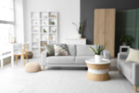 View of blurred living room with gray sofas, plants and tablesの写真素材