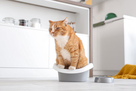 Cute cat on litter box at homeの写真素材