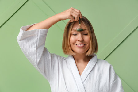 Woman with massage roller on green backgroundの写真素材