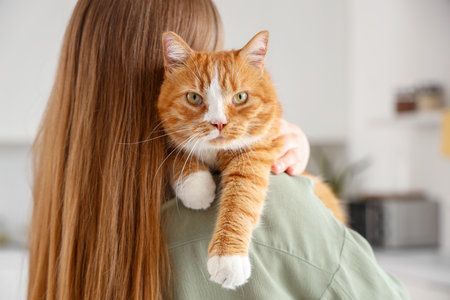 Young woman with cute red cat in kitchen, closeupの写真素材