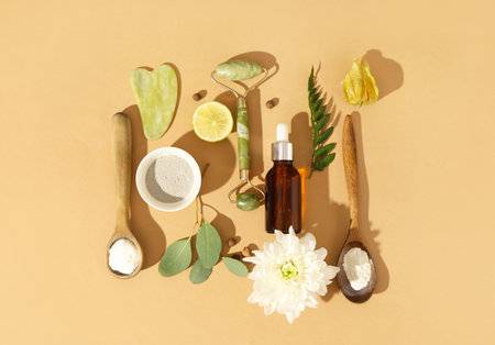 Face massage tools and natural ingredients for cosmetic mask on beige backgroundの写真素材