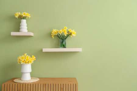 Vases with yellow narcissus flowers on shelves and chest of drawers in green roomの写真素材
