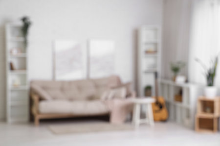 Beautiful interior of white room with comfortable sofa and shelving units, blurred viewの写真素材