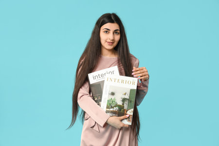Beautiful young happy woman with magazines on blue backgroundの写真素材