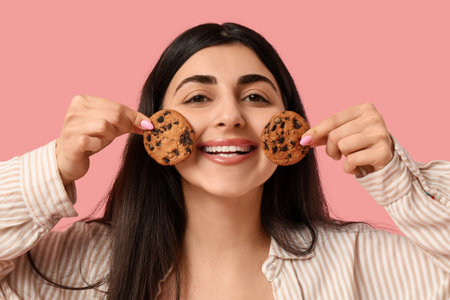 Beautiful young happy woman holding tasty cookies with chocolate chips on pink backgroundの写真素材