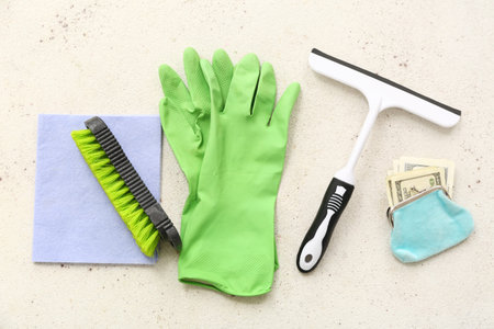 Set of cleaning supplies and wallet with money on light background