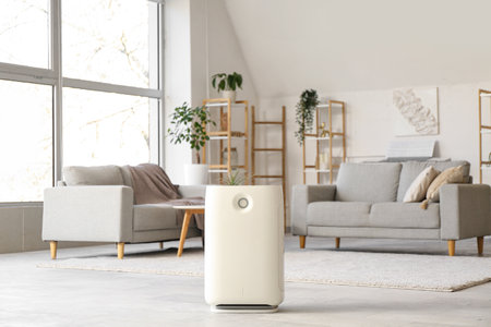 Modern humidifier and gray sofa in stylish living roomの写真素材