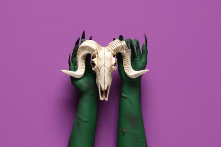 Green hands of witch with claws and sheep skull on purple background. Halloween celebration