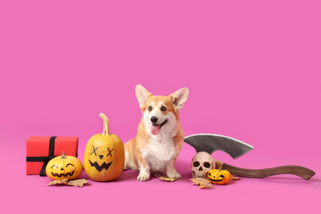 Cute Corgi dog with Halloween decorations and gift box sitting on purple backgroundの写真素材