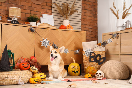 Cute Corgi dog with pumpkins, word BOO and witch hat sitting on floor at home decorated for Halloween partyの写真素材