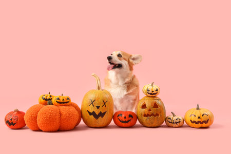Cute Corgi dog with Halloween pumpkins sitting on pink backgroundの写真素材