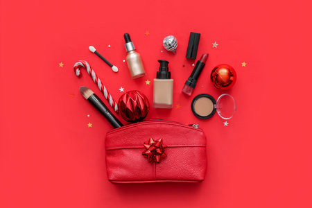 Beautiful Christmas decorations with cosmetic bag and makeup products on red backgroundの写真素材