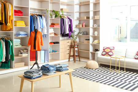 Interior of boutique with stylish clothes, mannequin and sofaの写真素材