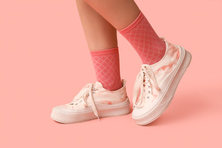 Legs of young woman in stylish white sneakers on pink background
