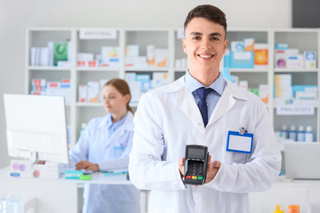 Male pharmacist with payment terminal at pharmacyの写真素材