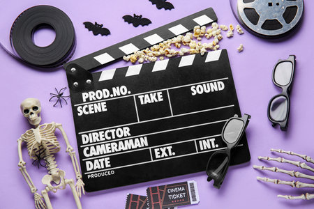 Composition with clapperboard, film reels, popcorn and decorations for Halloween on lilac backgroundの写真素材
