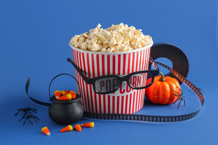 Bucket of tasty popcorn, 3D glasses, candy corns and decor for Halloween on color backgroundの写真素材