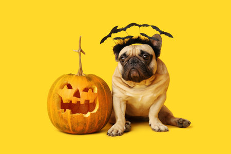 Cute French bulldog in headband with Halloween pumpkin sitting on yellow backgroundの写真素材