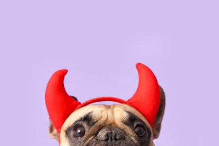 Cute French bulldog in Halloween devil horns on purple background, closeup