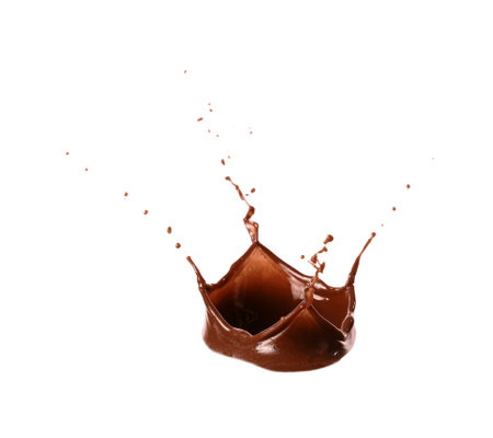 Splash of tasty hot chocolate isolated on whiteの写真素材