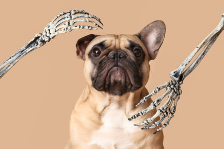 Cute French bulldog with Halloween skeleton hands on beige background