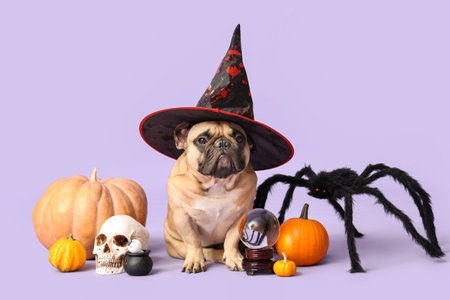 Cute French bulldog in witch hat with crystal ball and Halloween decorations sitting on purple...