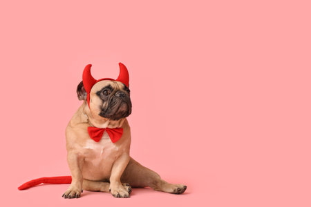 Cute French bulldog in Halloween devil horns sitting on pink background