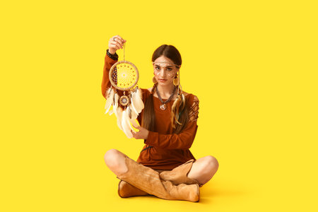 Beautiful young woman in Indian costume with dream catcher sitting on yellow background. Native American Heritage Monthの写真素材