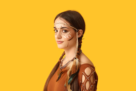 Beautiful young woman in Indian costume on yellow background. Native American Heritage Month