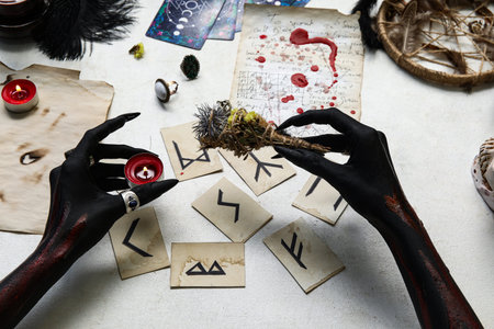 Bloody black witch hands with Elder Futhark runes cards and magic attributes on grunge white background. Halloween celebrationの写真素材