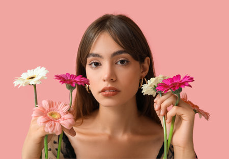 Beautiful young woman with gerbera flowers on pink backgroundの写真素材