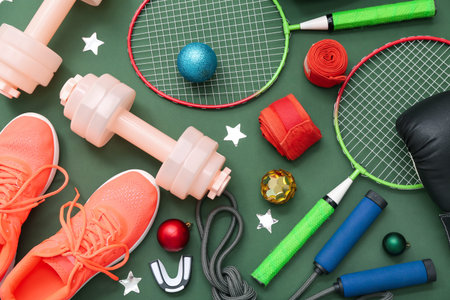 Sports equipment with Christmas decor on green backgroundの写真素材