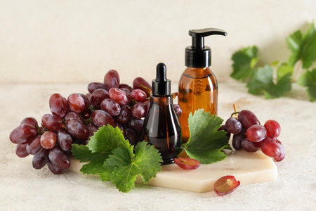 Bottles of cosmetic grape seed oil on white backgroundの写真素材