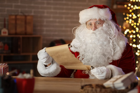 Santa Claus reading letter at home on Christmas Eveの写真素材