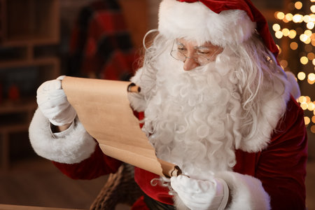 Santa Claus reading letter at home on Christmas Eveの写真素材