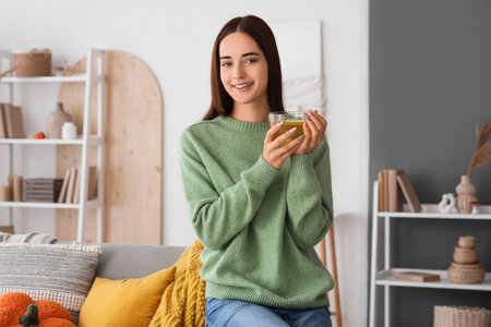 Young woman with cup of green tea at home on autumn dayの写真素材