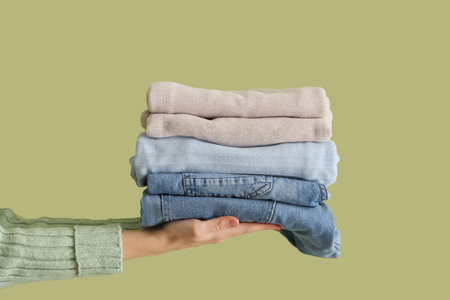 Female hands with stack of stylish clothes on green background, closeupの写真素材