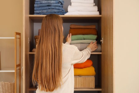 Young woman putting stack of stylish clothes on shelf in closet, back viewの写真素材