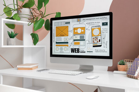 Web designer's workplace with computer near color wall in officeの写真素材