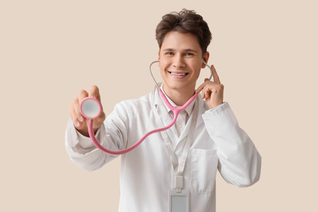 Male medical intern with stethoscope on beige backgroundの写真素材