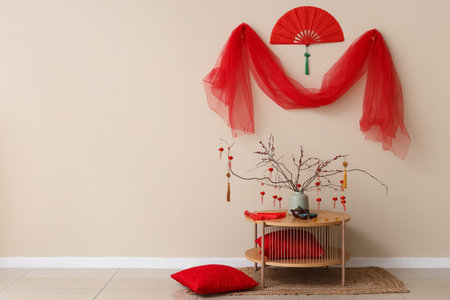 Interior of room with table and decor for Japanese New Year celebrationの写真素材