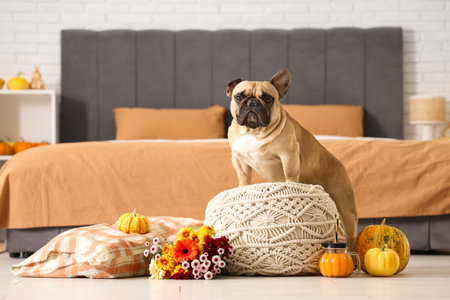 Cute French bulldog with pumpkins and flowers at homeの写真素材